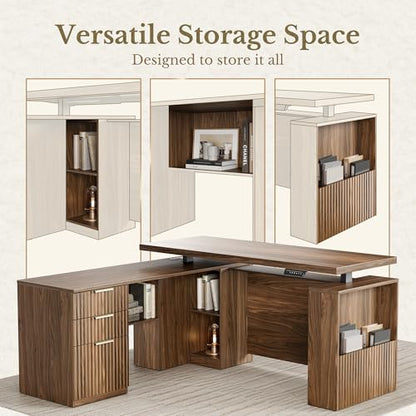 63 Inches L Shaped Standing Desk, Executive Electric Adjustable Desk with Storage Drawers and File Cabinet, AC/USB, 1.18" Thiken Desktop and Privacy Panel for Home Office, Black Walnut