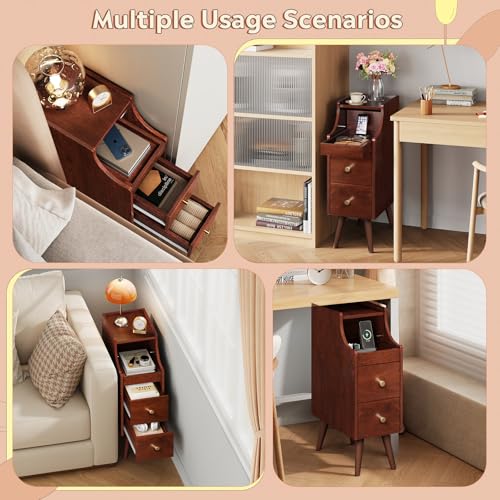 Small Nightstand with Drawers, Narrow Bedside Tables with Open Shelf & Cable Hole, Narrow Nightstand for Bedroom, Modern Storage Cabinet for Small Spaces/Living Room, Cherry