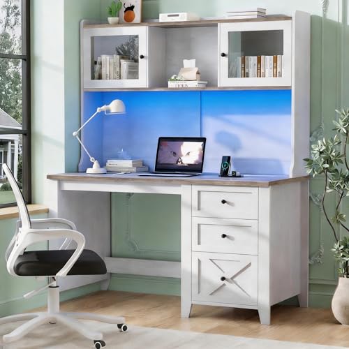 Farmhouse Computer Desk with Power Outlets & LED Light, view 2