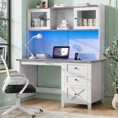 Farmhouse Computer Desk with Power Outlets & LED Light, view 2