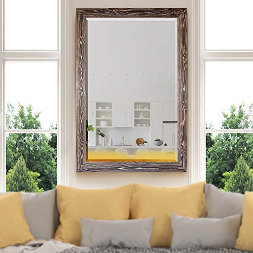 Rectangular Dark Room Walnut Wooden Framed Body Mirror Decor Farmhouse Wall Mounted Horizontal Decorative Mirror for Bedroom Living Room Bathroom - 41"x29" LT07