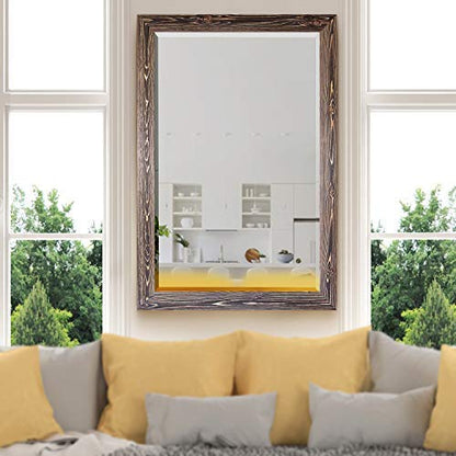 Rectangular Dark Room Walnut Wooden Framed Body Mirror Decor Farmhouse Wall Mounted Horizontal Decorative Mirror for Bedroom Living Room Bathroom - 41"x29" LT07