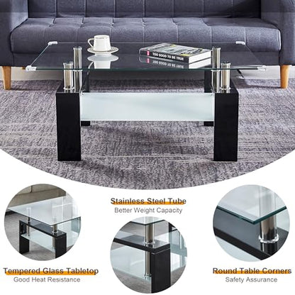 2-Tier Glass Coffee Table, Rectangle Center Table with Double-Layer Tempered Glass Storage Space and Black MDF Legs, Modern Living Room Table for Home Office, Waiting Room