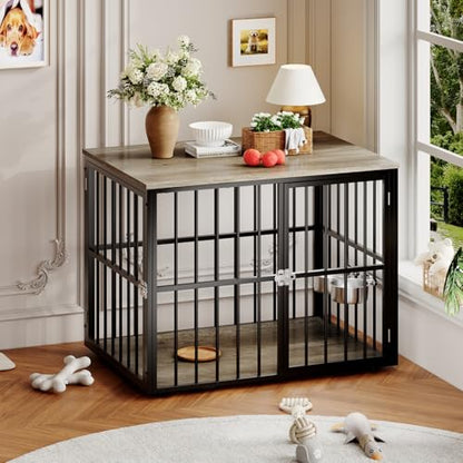 43'' Heavy Duty Dog Crate Furniture with 2 Doors and Adjustable Bowls, view 2