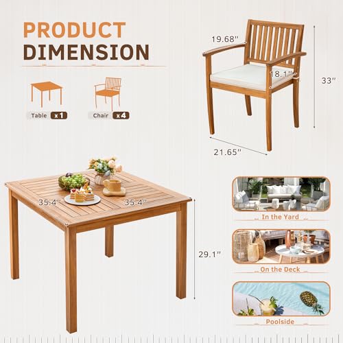 5 Piece Patio Dining Set Outdoor Solid Wood Furniture for Yard, Garden, Porch w/Square Tabletop & 4 Chairs, White