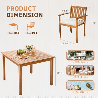 5 Piece Patio Dining Set Outdoor Solid Wood Furniture for Yard, Garden, Porch w/Square Tabletop & 4 Chairs, White