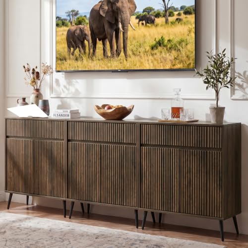 92" Large Fluted Sideboard Buffet Cabinet, Walnut., view 2