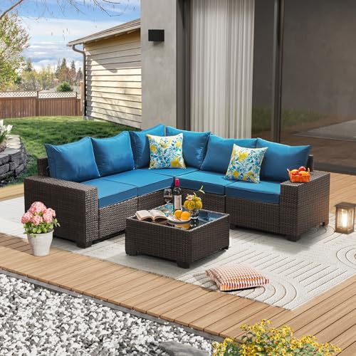 6 Pieces Patio Furniture Set All-Weather Outdoor Wicker Sectional Conversation Sofa Rattan Patio Seating Sofa with Cushion and Glass Table for Porch Poolside,Peacock Blue
