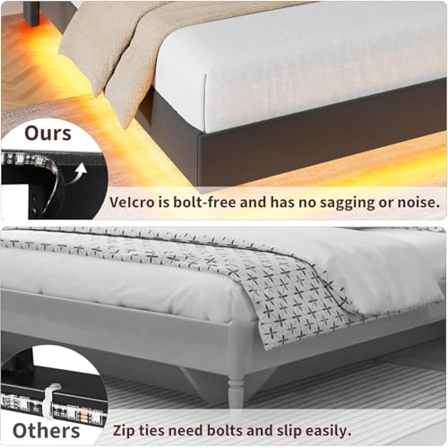 Queen Size Floating Bed Frame with Light and Charging Station, Black, view 7