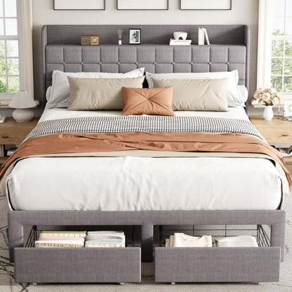 Queen Bed Frame, Upholstered Platform Bed Frame with Storage Drawers, view 2