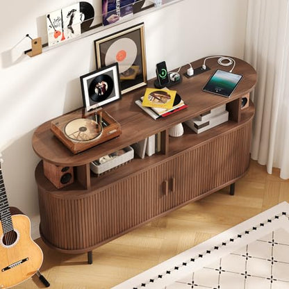 55" Large Round Record Player Stand with Charging Station,Walnut, view 6