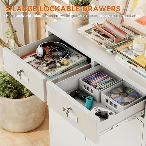 Metal Garage Storage Cabinet with Two Lockable Drawers 2 Locking Doors and an Adjustable Shelf, 36" White Metal Short Storage Cabinet for Home Office, Garage,School,Utility Room