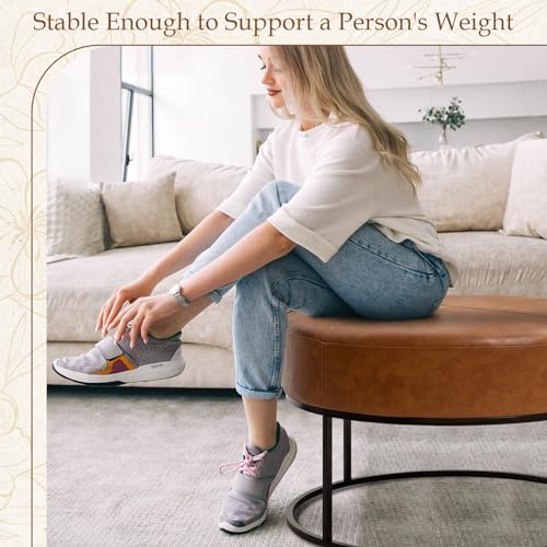 Modern Round Coffee Table, Farmhouse Ottoman for Living Room, Large Vintage Faux Leather Coffee Tables with Leather Upholstered Padded Seat [Round, Vintage Brown, 30'']