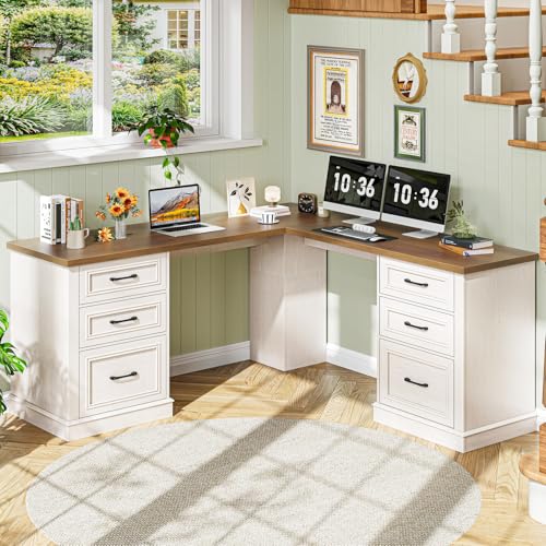 Farmhouse 59" L-Shaped Executive Desk with File Drawer,Unique White, view 2