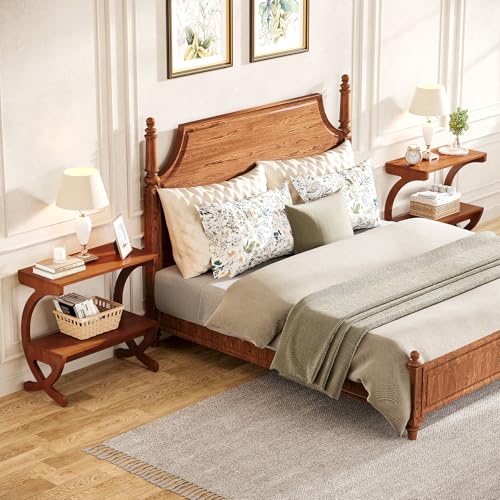 Tribesigns 2pcs Wood Nightstand, Mid-Century Modern Bedside Table with 2-Tier Storage and Curved Crossed Legs, Narrow End Table for Bedroom, Living Room, Easy Assembly, Walnut Color (2)