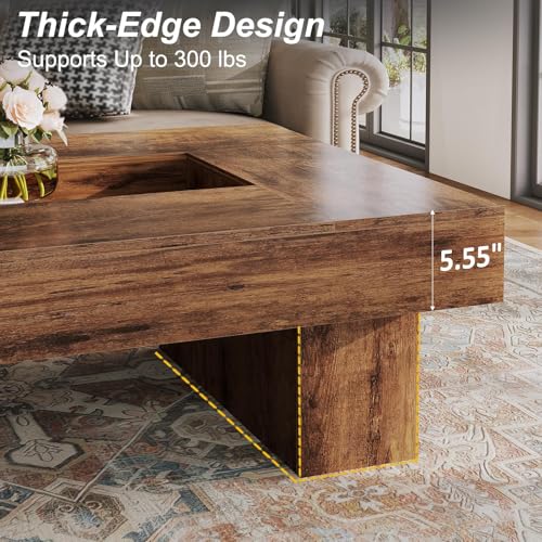 Rustic Coffee Table, Large Wood Living Room Table with Storage, Modern Long Rectangle Led Center Table, Farmhouse Unique Low Wide Tea Table with LED Light for Home Office, 47.24 in, Rustic Brown