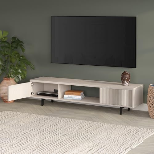 Fluted TV Stand for TVs up to 78" with 2 Ribbed Side Storage Cabinets and Open Center Storage for Living Room, Family Room, or Office, Beech White