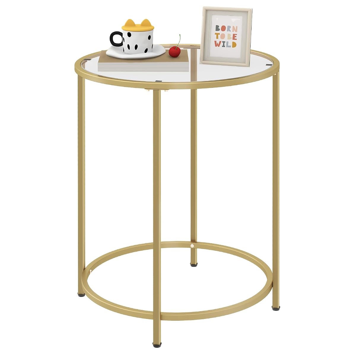 Round Side Table, Modern Style Coffee Table, Sofa Table, Table with Metal Shelves and Glass Top, End Table for Living Room, Bedroom, Balcony, Patio, (H) 25.59 inch× (D) 19.69 inch, Gold