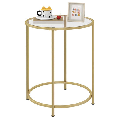 Round Side Table, Modern Style Coffee Table, Sofa Table, Table with Metal Shelves and Glass Top, End Table for Living Room, Bedroom, Balcony, Patio, (H) 25.59 inch× (D) 19.69 inch, Gold