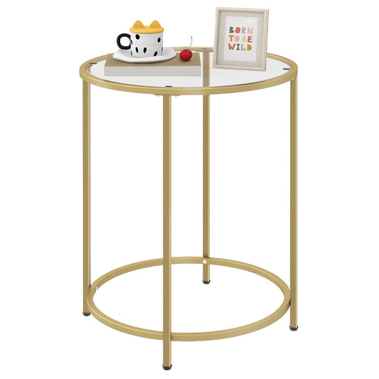 Round Side Table, Modern Style Coffee Table, Sofa Table, Table with Metal Shelves and Glass Top, End Table for Living Room, Bedroom, Balcony, Patio, (H) 25.59 inch× (D) 19.69 inch, Gold