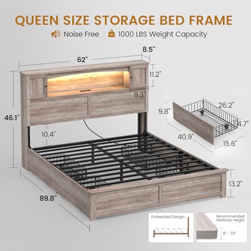 Farmhouse Queen Bed Frame with Bookcase and Storage Cabinets Headboard, view 3