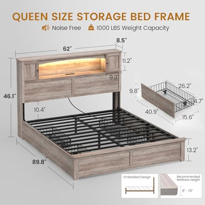 Farmhouse Queen Bed Frame with Bookcase and Storage Cabinets Headboard, view 3