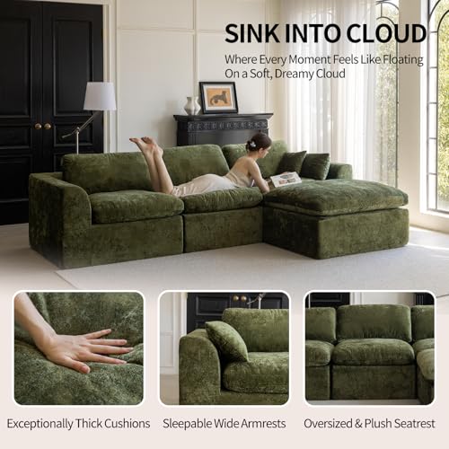 115''Cloud Sectional Couch for Living Room, Modern L-Shape Sofa with Ottoman, Oversized Convertible 3 Seater Modular Couches, Forest Green