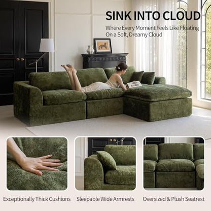 115''Cloud Sectional Couch for Living Room, Modern L-Shape Sofa with Ottoman, Oversized Convertible 3 Seater Modular Couches, Forest Green