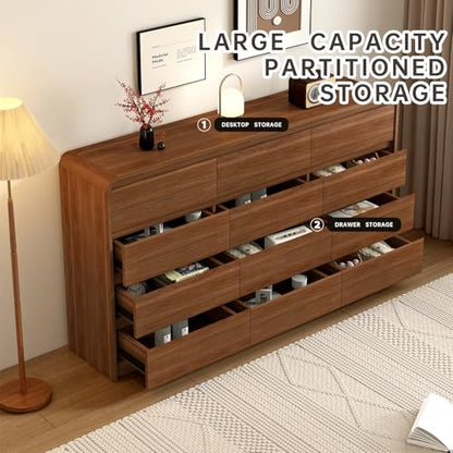 Modern 12-Drawer Dresser 63-Inch Wide, Curved Anti-Collision Design, Mid-Century Storage Cabinet with Pre-Embedded Slots, Sturdy Reusable, Ideal for Bedroom/Living Room/TV (Brown, 12-63)