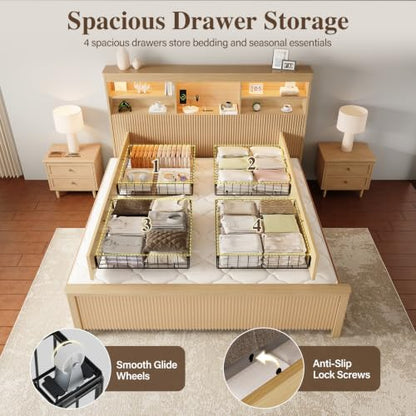 King Size Bed Frame with 4 Storage Drawers, Natural, view 8