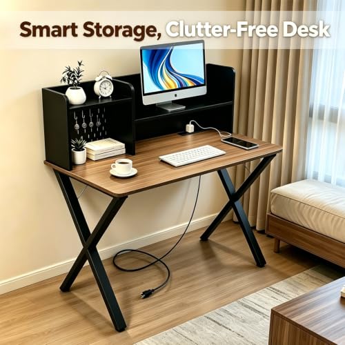 44"×24" Black Computer Desk with Charging Ports & Hutch Pegboard, view 7