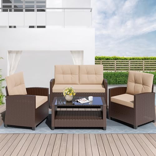 4 Piece Patio Furniture Set, Outdoor Rattan Conversation Set with Coffee Table, Outside Wicker Sectional Sofa Couch with Cushion, Brown and Khaki