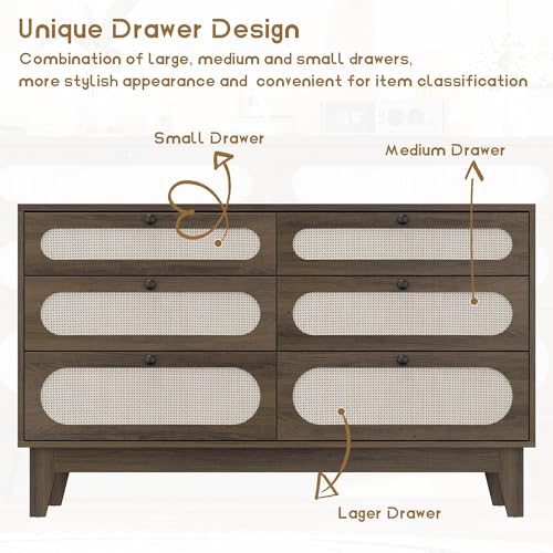Rattan 6-Drawer Storage Dresser with USB Ports and Power Outlets, Wooden Chest for Bedroom and Living Room, Natural Oak Finish