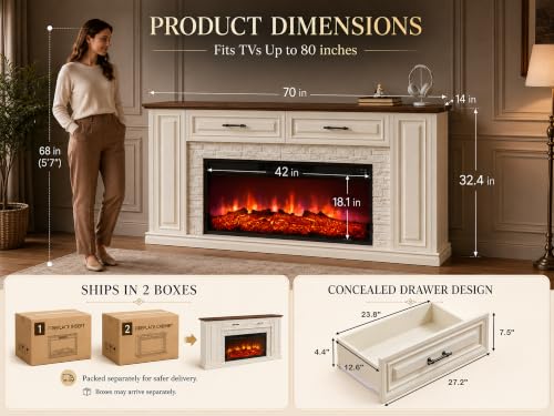 70" Fireplace TV Stand with Cabinet Drawers, Electric Fireplace with Mantel, view 4