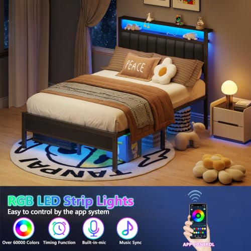 Full Size Bed Frame with Charging Station and LED Lights, view 4