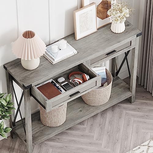 Farmhouse Entryway Table, Grey Console Table with Rattan Drawers, 43" Sofa Table with Storage, Console Tables for Entryway, Living Room, Hallway, Foyer-Grey