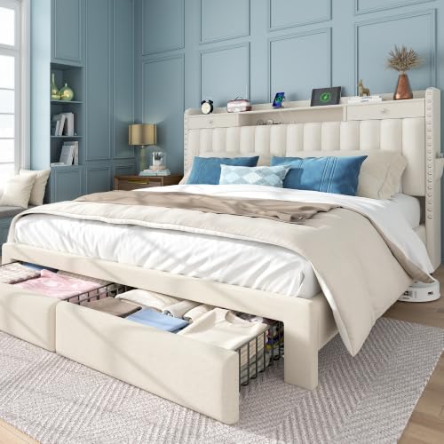 King Bed Frame and Headboard & 4 Storage Drawers, Built-in Charging Station, view 2
