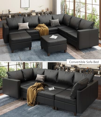 Faux Leather Sectional Sofa with Storage,Large U Shaped Faux Leather Modular Couch Sofa, Black