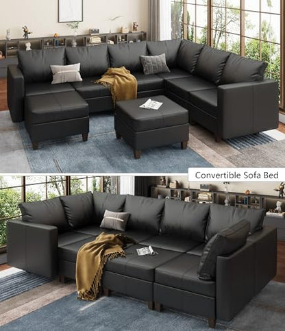 Faux Leather Sectional Sofa with Storage,Large U Shaped Faux Leather Modular Couch Sofa, Black