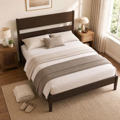 Queen Size Rubber Wood Bed Frame with Tall Headboard, Dark Brown, view 2