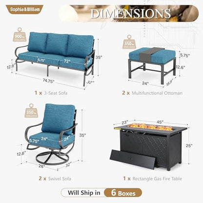Patio Furniture Sets with 45" Gas Fire Pit Table for 7 Outdoor Conversation Sets 6 Pcs, 2 x Swivel Cushioned Sofa Chairs, 1x3-Seat Sofa, 2xOttomans for Backyard Poolside Peacock Blue