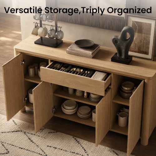 63" Sideboard Buffet Cabinet with Drawer, Wood Credenza Coffee Bar with Storage, view 4