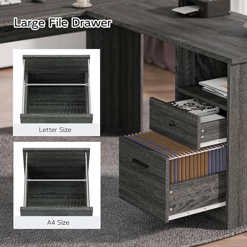 L Shaped Desk with File Cabinet, Corner Computer Desk with Storage Drawers, Large Home Office Table with Power Outlets, 60 Inch (Grey)