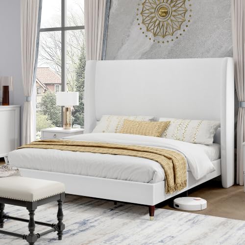 Queen Bed Frame Linen Upholstered 51.2" Tall Headboard, White, view 2