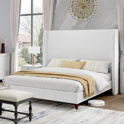 Queen Bed Frame Linen Upholstered 51.2" Tall Headboard, White, view 2