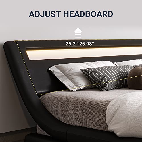 Queen Size LED Platform Bed Frame with Adjustable Headboard, Black, view 5