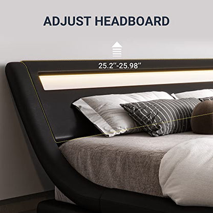 Queen Size LED Platform Bed Frame with Adjustable Headboard, Black, view 5