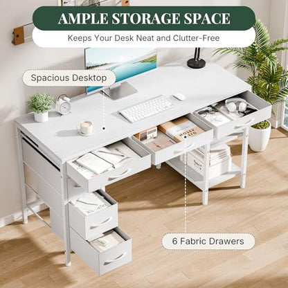 55" Computer Desk with 6 Drawers, Home Office Gaming Desks with Storage Shelves for Bedroom, Writing Study Corner Living Room Work Table White