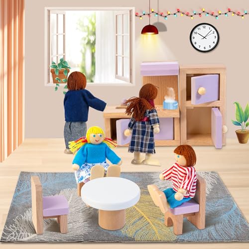 Wooden Dollhouse Furniture Set with 4 Family Dolls, 26 Pcs Pretend Play Dollhouse Accessories for 4 Rooms, Pink Furniture Toys Birthday Gifts for Girls Boys Age 3+