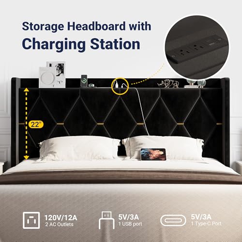 King Size Bed Frame with Storage Headboard & Smart Charging Station, view 5